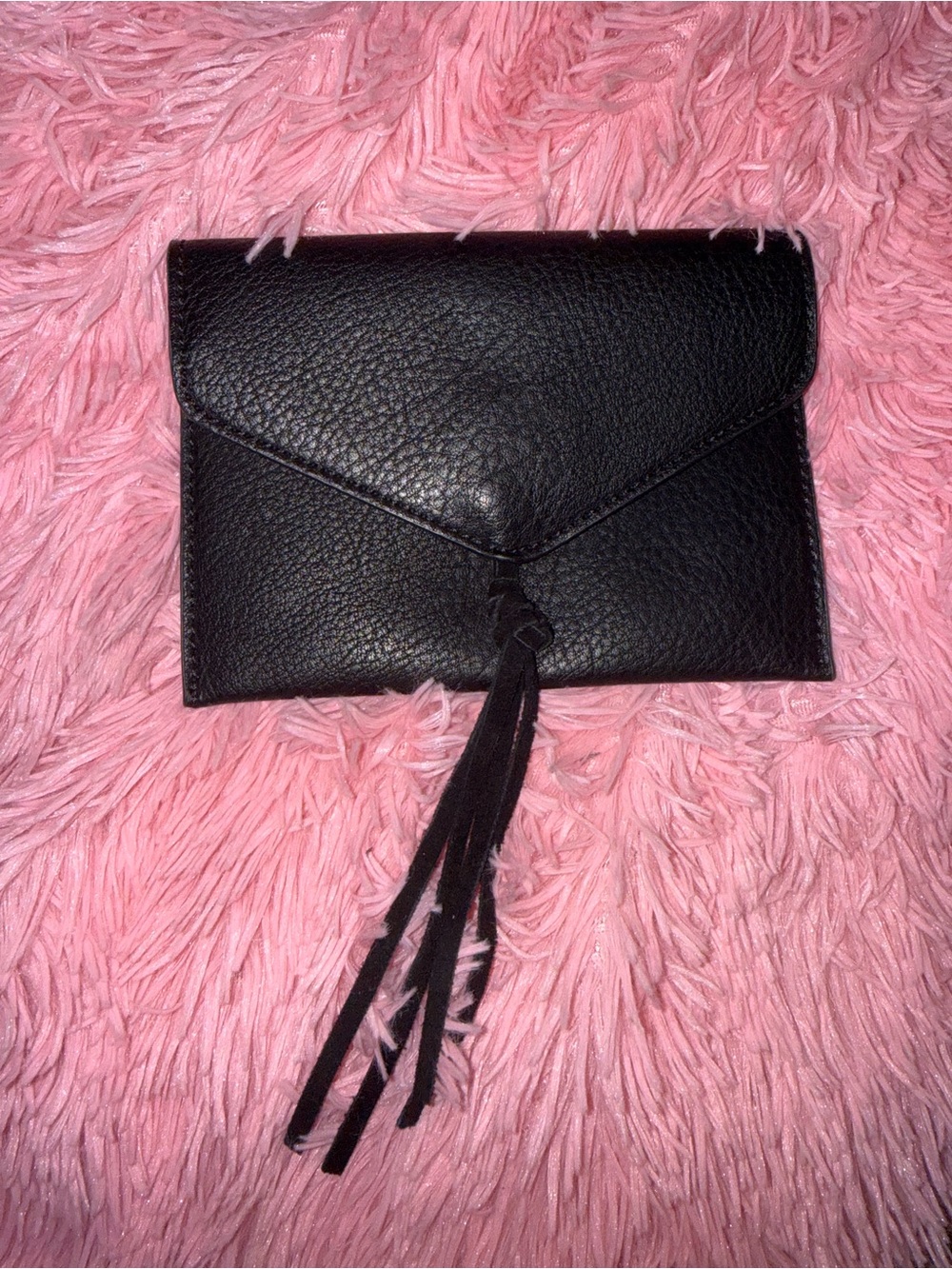 Anthropologie Black Pebbled Leather Envelope Clutch with Tassel